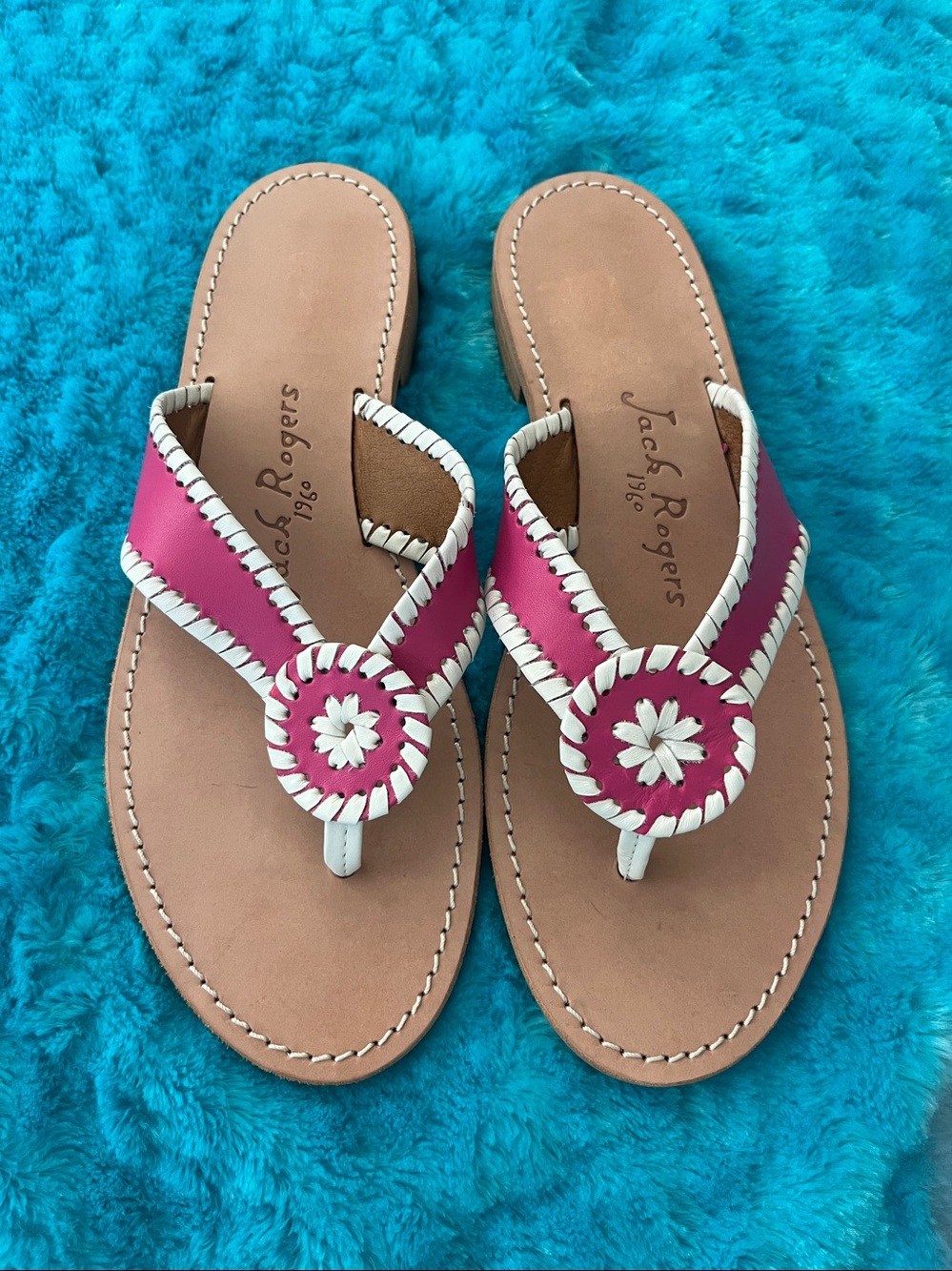 Jack Rogers Womens 9.5 Pink White Palm Beach Leather Slip-On Flat Sandals